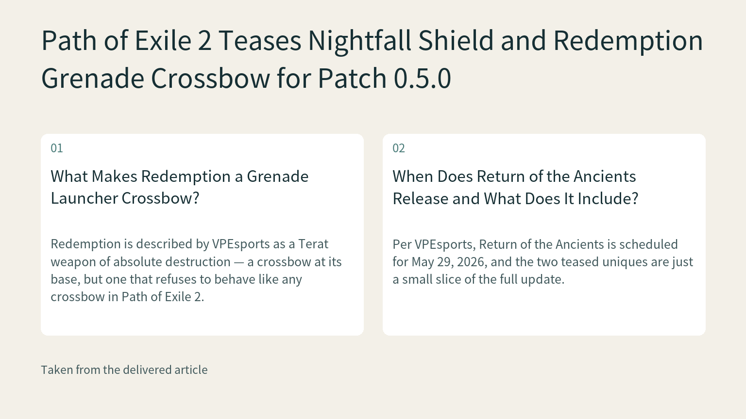 Visual explanation: Redemption is described by VPEsports as a Terat weapon of absolute destruction — a crossbow at its base, but one that refuses to behave like any crossbow in Path of Exile 2.