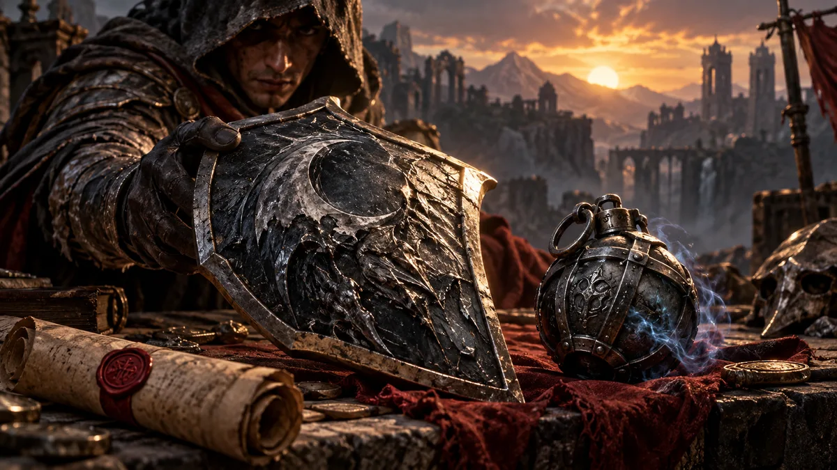 Editorial illustration: Path of Exile 2 Patch 0.5.0 Teases Nightfall Shield and Grenade Launcher