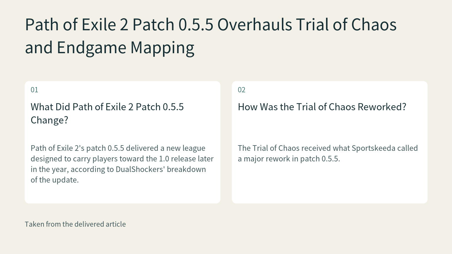 Visual explanation: Path of Exile 2's patch 0.5.5 delivered a new league designed to carry players toward the 1.0 release later in the year, according to DualShockers' breakdown of the update.