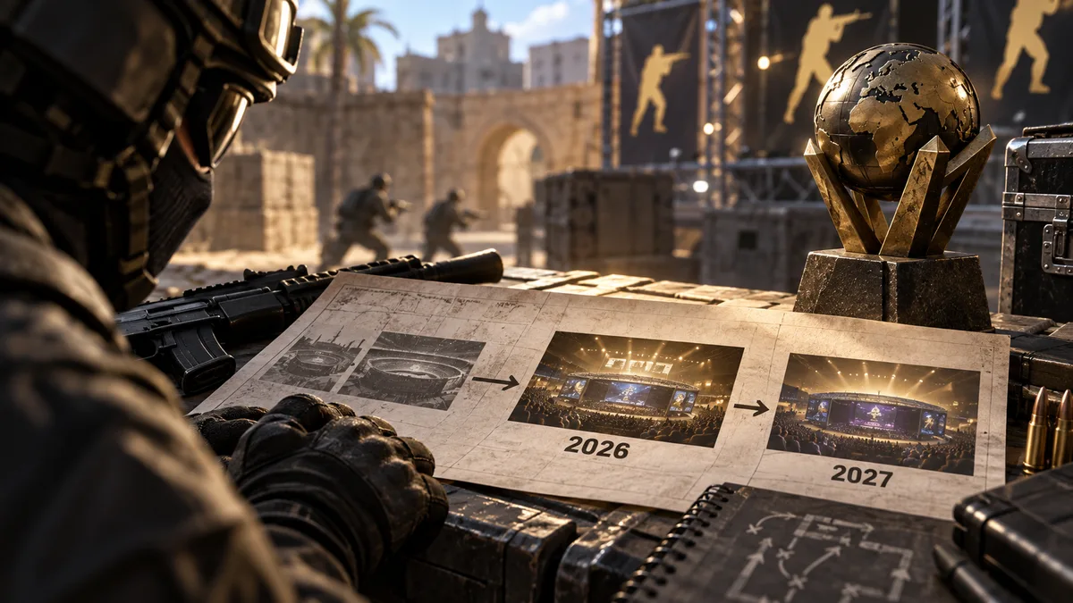Editorial illustration: Counter-Strike 2 Esports Calendar Grows: EWC 2027/2028 and Shanghai Major Locked In