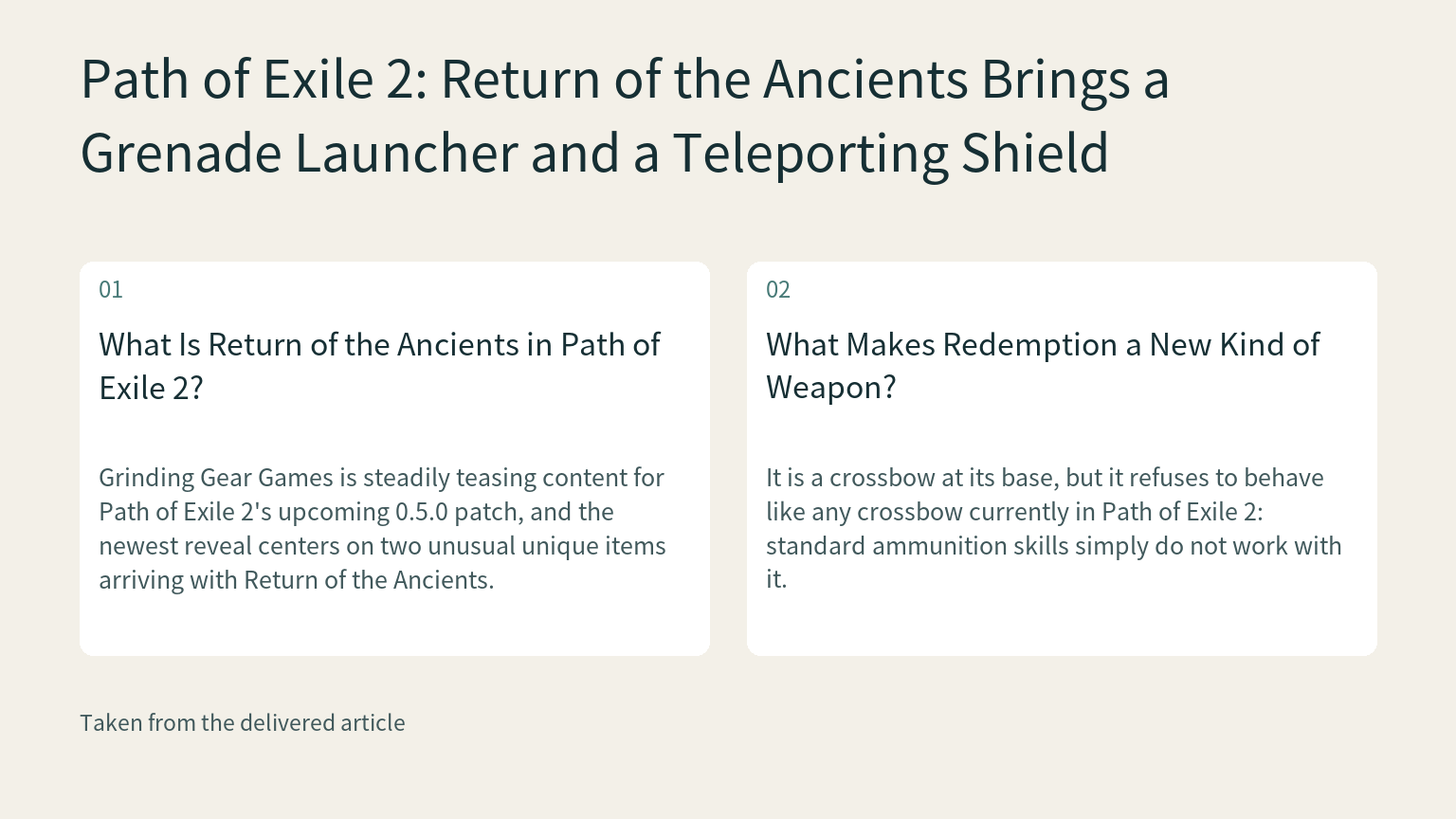 Visual explanation: Grinding Gear Games is steadily teasing content for Path of Exile 2's upcoming 0.5.0 patch, and the newest reveal centers on two unusual unique items arriving with Return of the Ancients.
