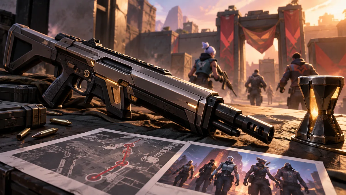 Editorial illustration: VALORANT Patch 13.06: The Warden Rifle, Gauntlet Mode, and Agent IDs