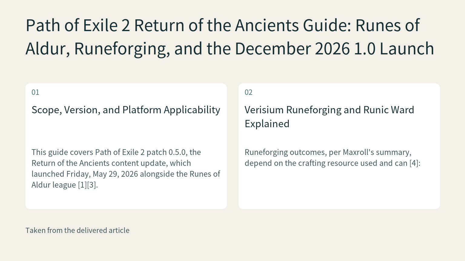 Visual explanation: This guide covers Path of Exile 2 patch 0.5.0, the Return of the Ancients content update, which launched Friday, May 29, 2026 alongside the Runes of Aldur league [1][3].