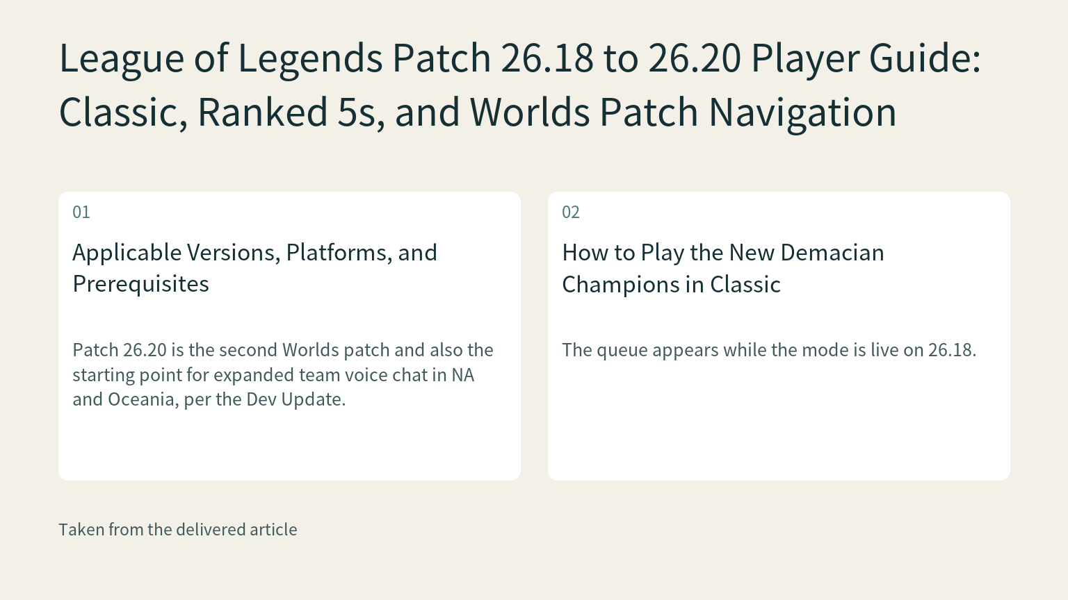 Visual explanation: Patch 26.20 is the second Worlds patch and also the starting point for expanded team voice chat in NA and Oceania, per the Dev Update.