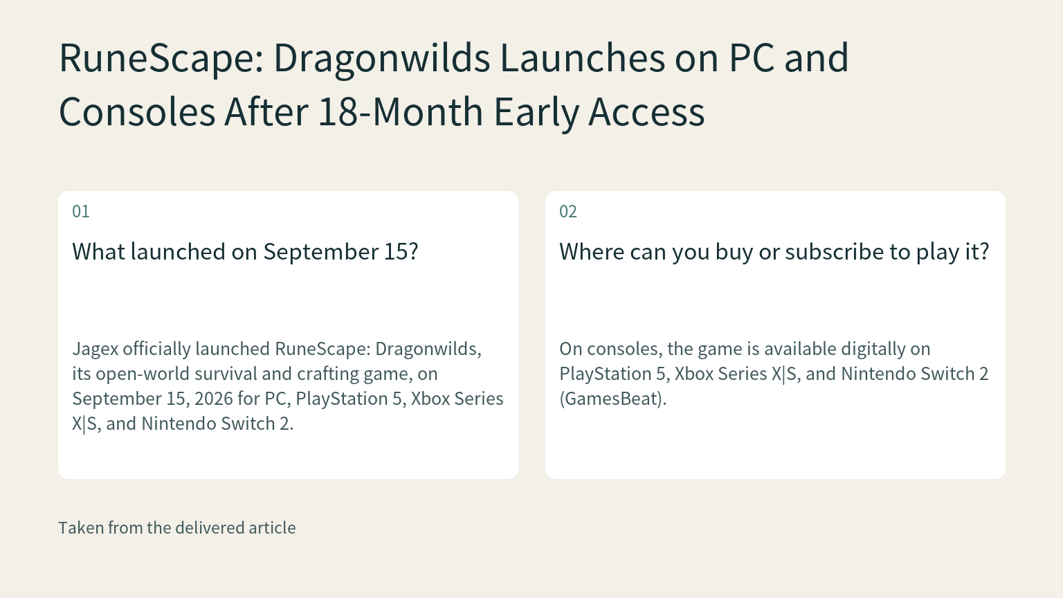 Visual explanation: Jagex officially launched RuneScape: Dragonwilds, its open-world survival and crafting game, on September 15, 2026 for PC, PlayStation 5, Xbox Series X|S, and Nintendo Switch 2.