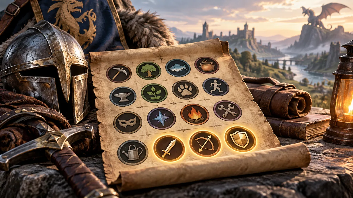Editorial illustration: RuneScape Dragonwilds Skills Guide: All 13 Skills and How to Level Them