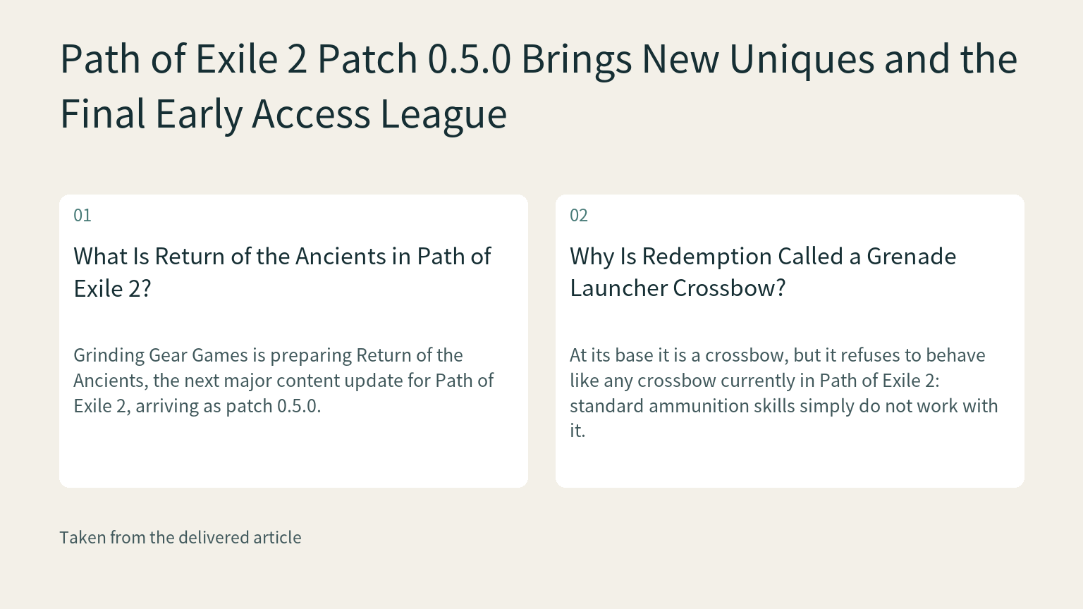 Visual explanation: Grinding Gear Games is preparing Return of the Ancients, the next major content update for Path of Exile 2, arriving as patch 0.5.0.