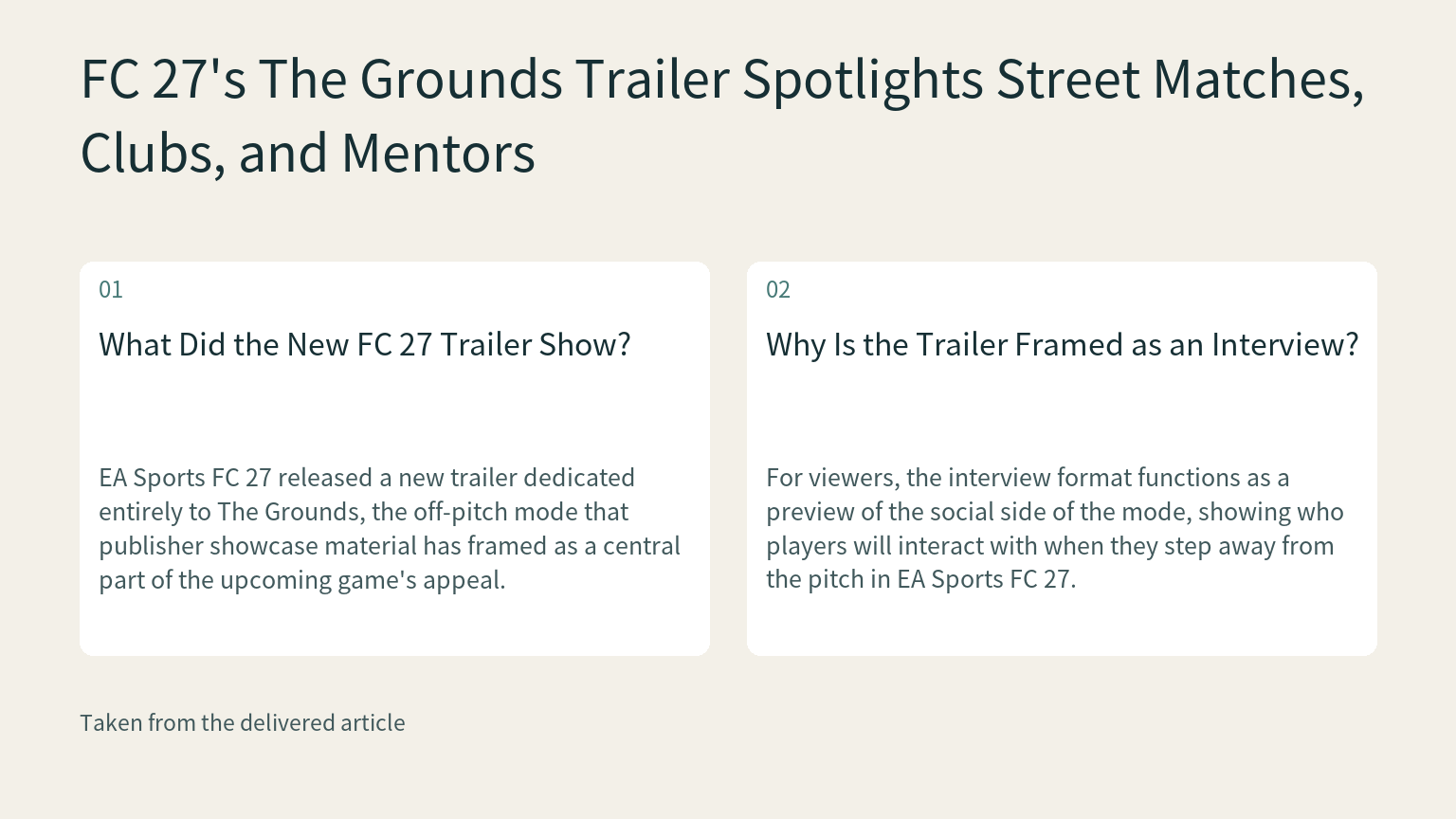 Visual explanation: EA Sports FC 27 released a new trailer dedicated entirely to The Grounds, the off-pitch mode that publisher showcase material has framed as a central part of the upcoming game's appeal.