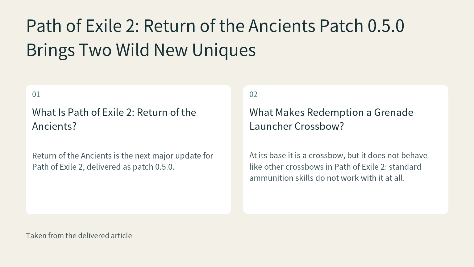 Visual explanation: Return of the Ancients is the next major update for Path of Exile 2, delivered as patch 0.5.0.