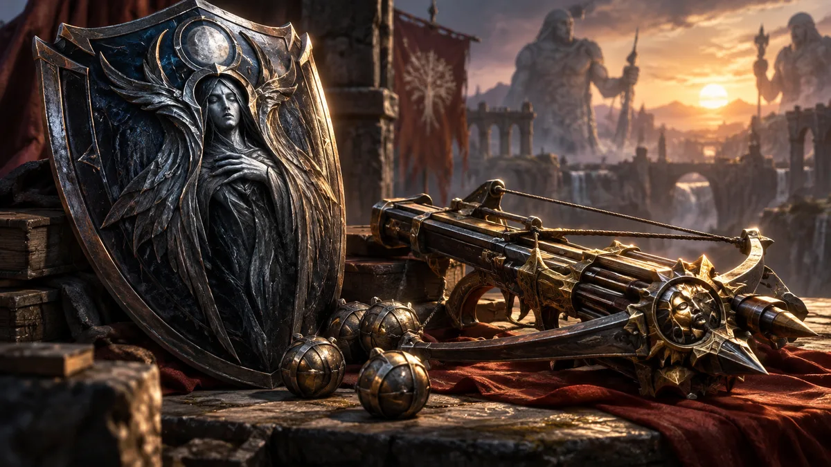 Editorial illustration: Path of Exile 2 Teases Nightfall Shield and Redemption Grenade Crossbow for Patch 0.5.0