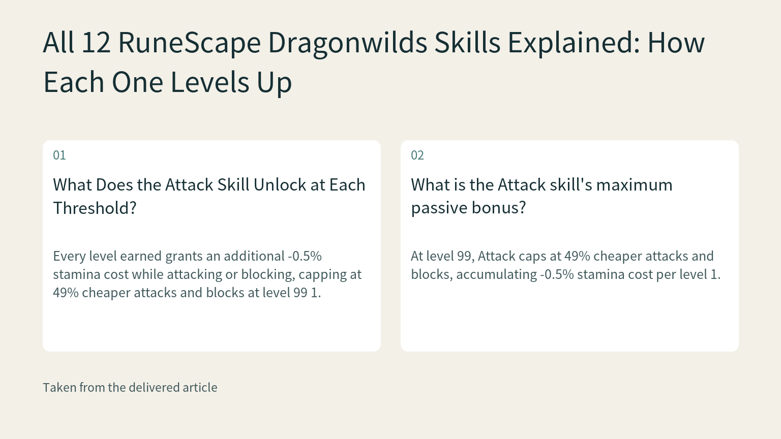 Visual explanation: Every level earned grants an additional -0.5% stamina cost while attacking or blocking, capping at 49% cheaper attacks and blocks at level 99 1.