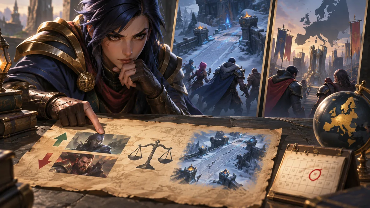 Editorial illustration: League of Legends Patch 26.18 to 26.20 Player Guide: Classic, Ranked 5s, and Worlds Patch Navigation